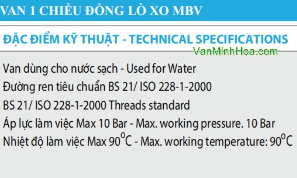 đặc điểm kỹ thuật của van 1 chiều lò xo mbv dn25