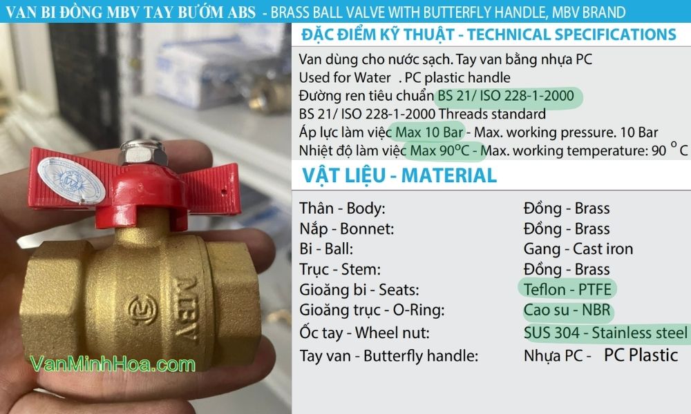 đặc điểm kỹ thuật của van bi mbv tay bướm dn15