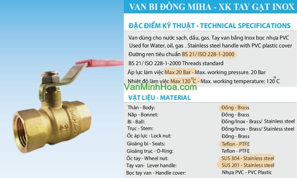đặc điểm kỹ thuật của van bi miha xk pn20 dn25