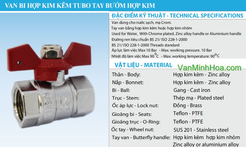 đặc điểm kỹ thuật của van bi tubo dn15