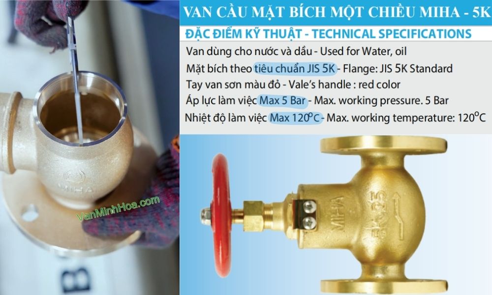 đặc điểm kỹ thuật của van cầu miha 5k 1 chiều dn20