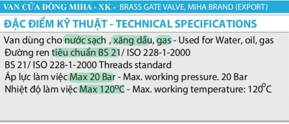 đặc điểm kỹ thuật của van cửa miha xk dn40