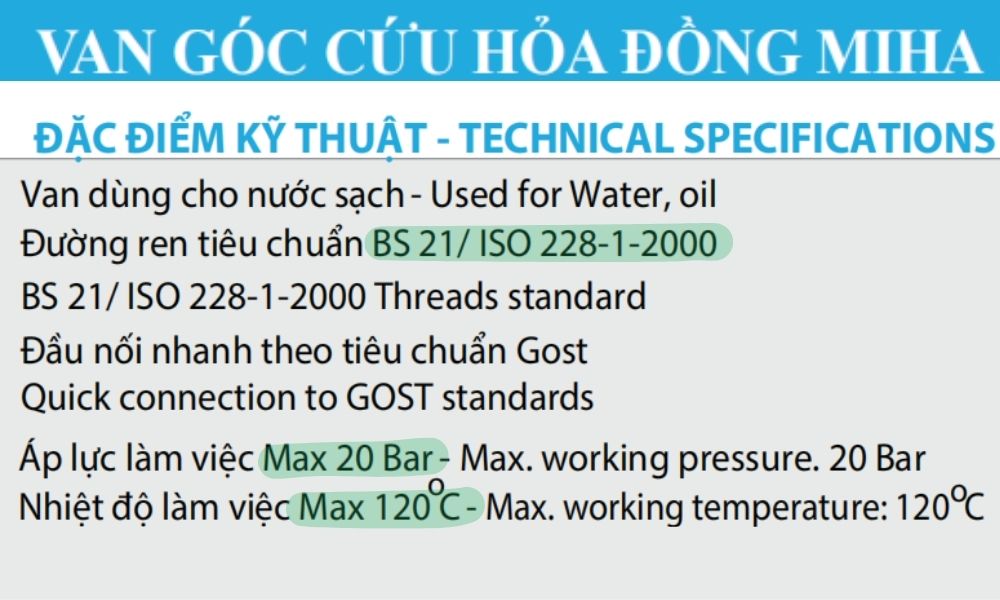 đặc điểm kỹ thuật của van góc cứu hỏa ren dn50