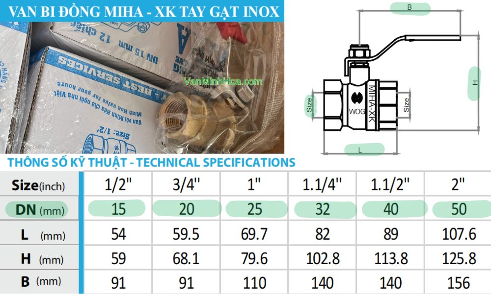 kích cỡ van bi đồng miha xk