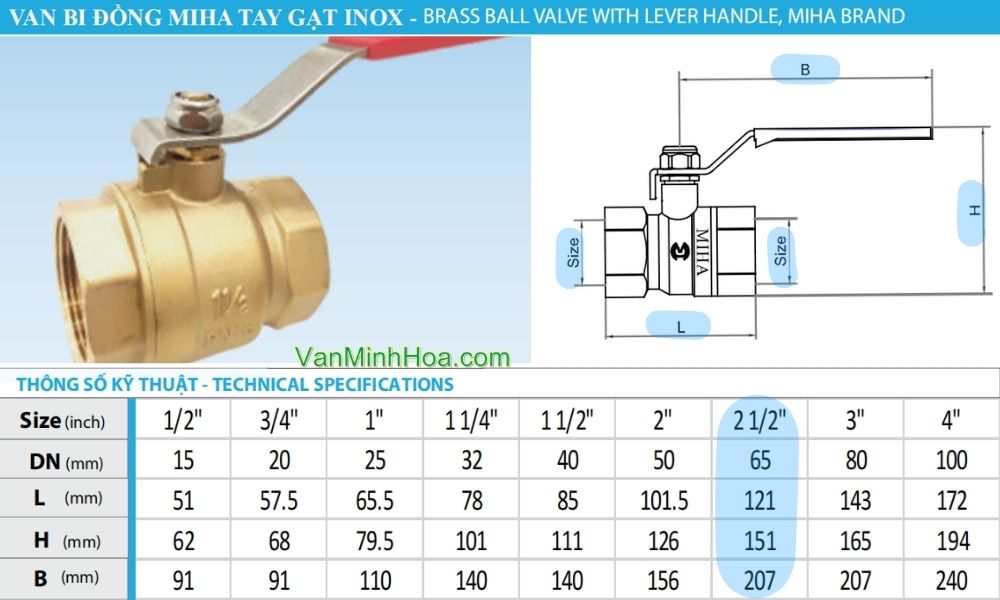 kích thước bao quát van bi miha tay inox dn65