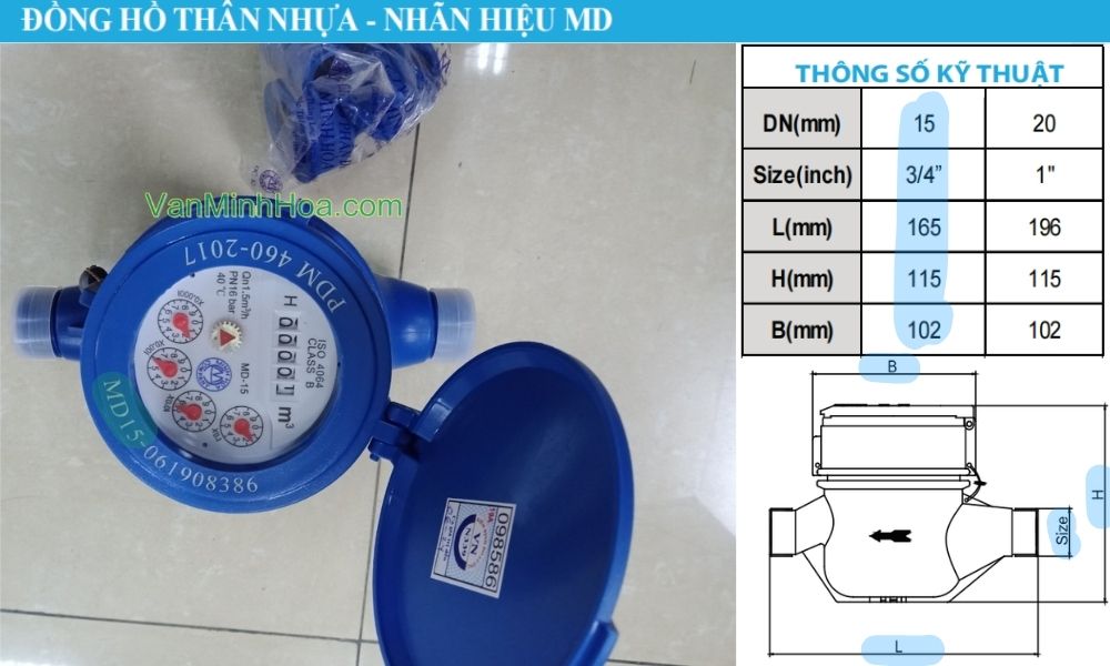 kích thước của đồng hồ nước md dn15