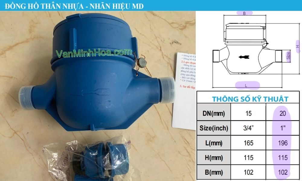 kích thước của đồng hồ nước md dn20