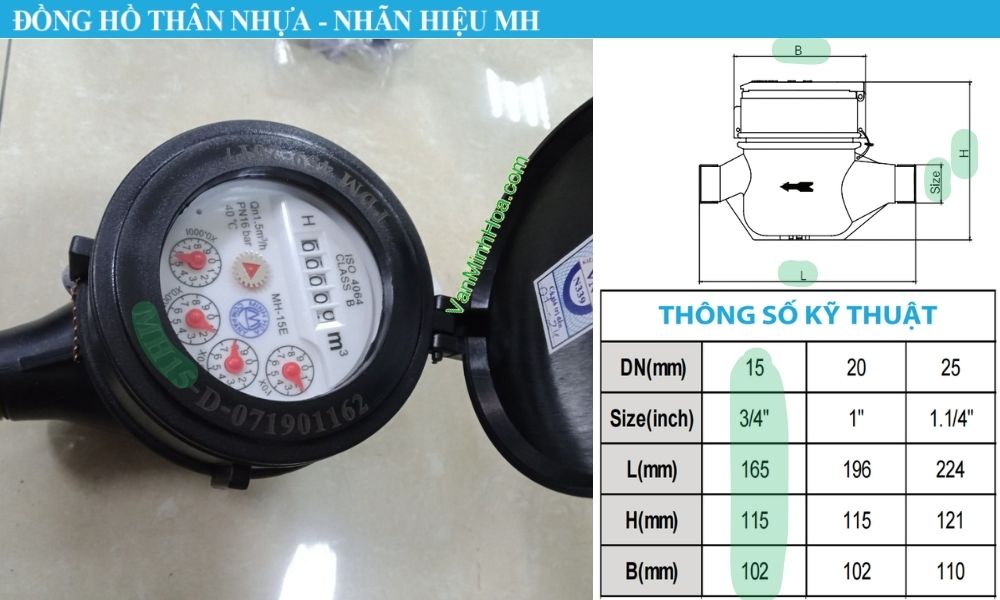 kích thước của đồng hồ nước mh dn15