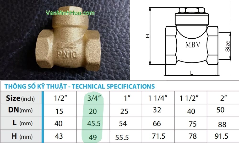 kích thước của van 1 chiều lá mbv dn20