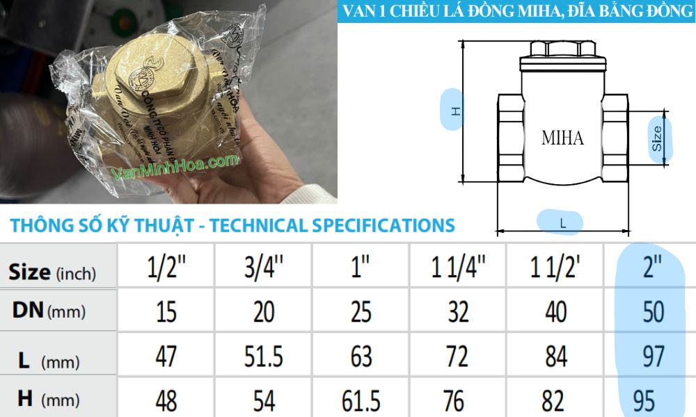 kích thước của van 1 chiều lá mi dn50