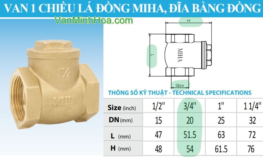 kích thước của van 1 chiều lá miha dn20