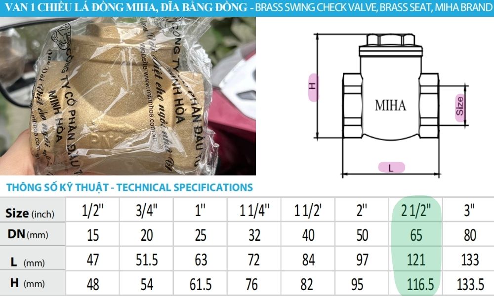 kích thước của van 1 chiều lá miha dn65