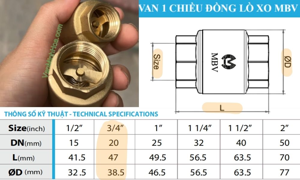 kích thước của van 1 chiều lò xo mbv dn20