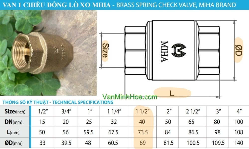 kích thước của van 1 chiều lò xo miha dn100