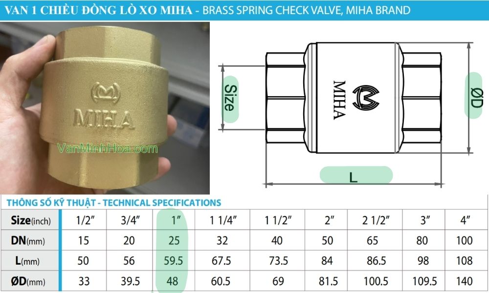 kích thước của van 1 chiều lò xo miha dn25