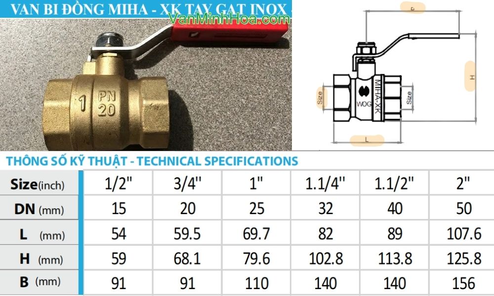 kích thước của van bi miha xk pn20 dn25