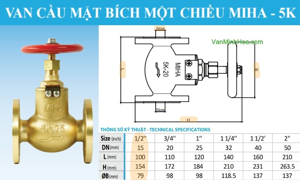 kích thước của van cầu miha 5k 1 chiều dn15