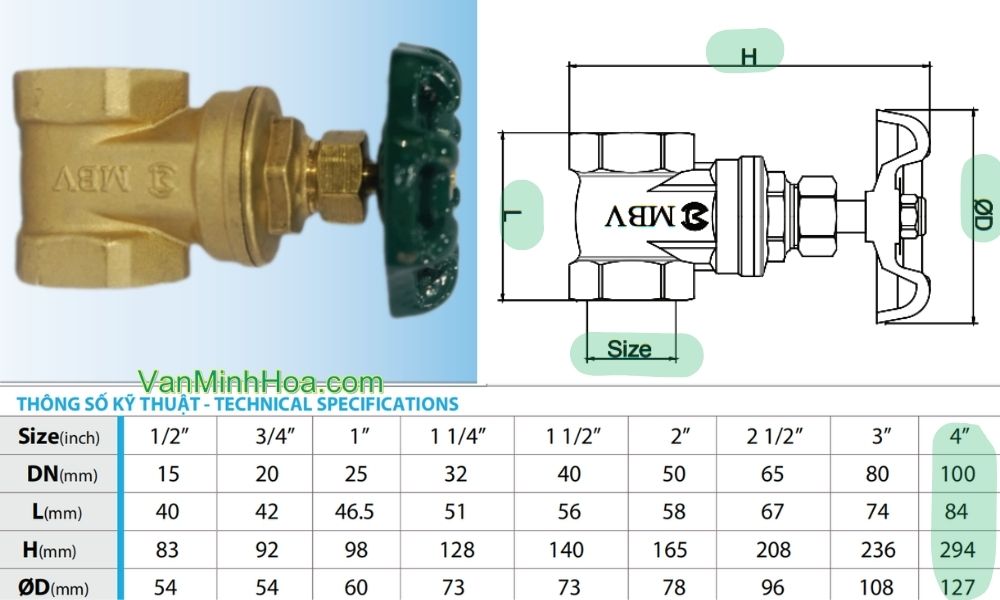 kích thước của van cửa mbv dn100