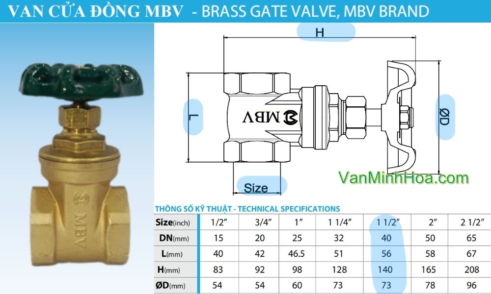 kích thước của van cửa mbv dn40