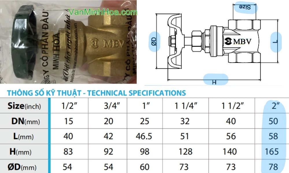 kích thước của van cửa mbv dn50