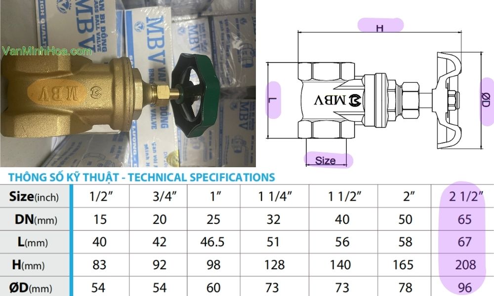 kích thước của van cửa mbv dn65