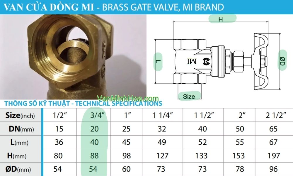 kích thước của van cửa mi dn20