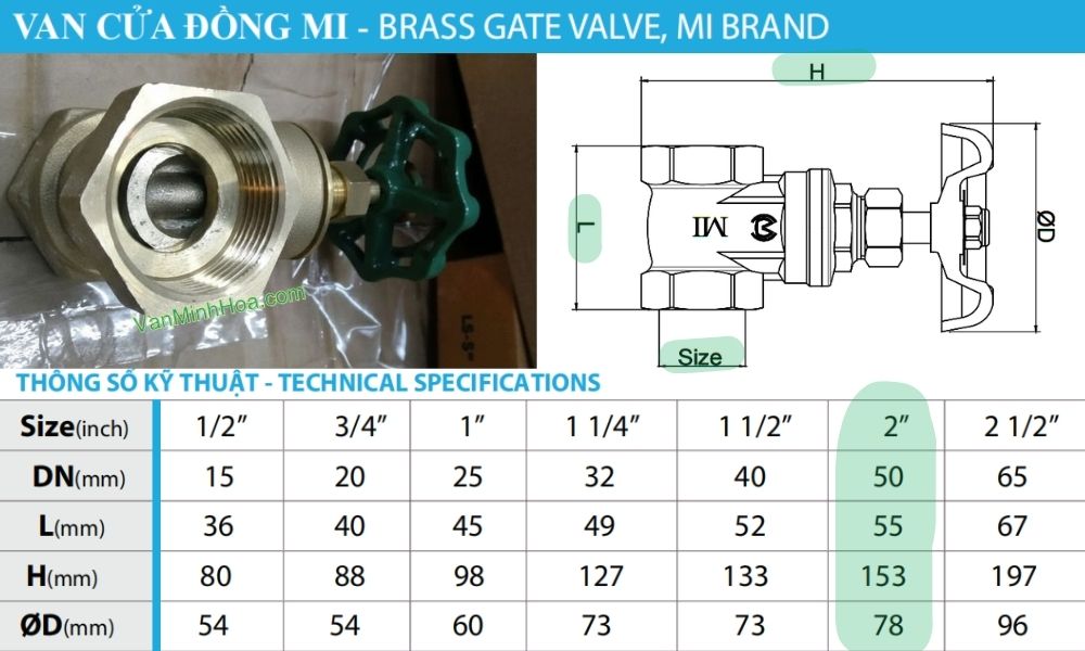 kích thước của van cửa mi dn50