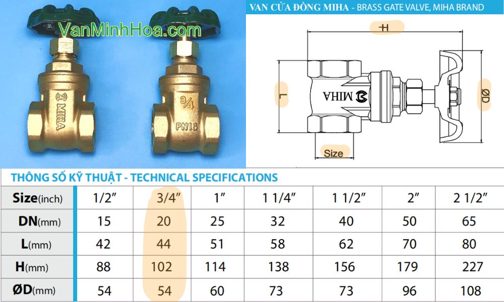 kích thước của van cửa miha dn20