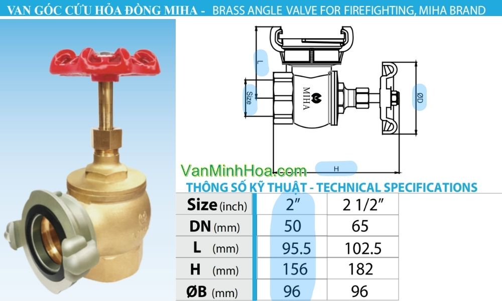 kích thước của van góc cứu hỏa ren dn50