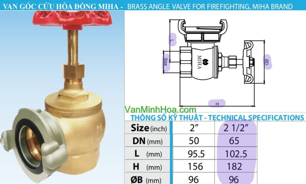 kích thước của van góc cứu hỏa ren dn65