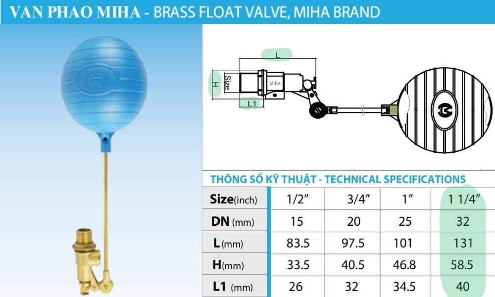 kích thước của van phao miha dn32