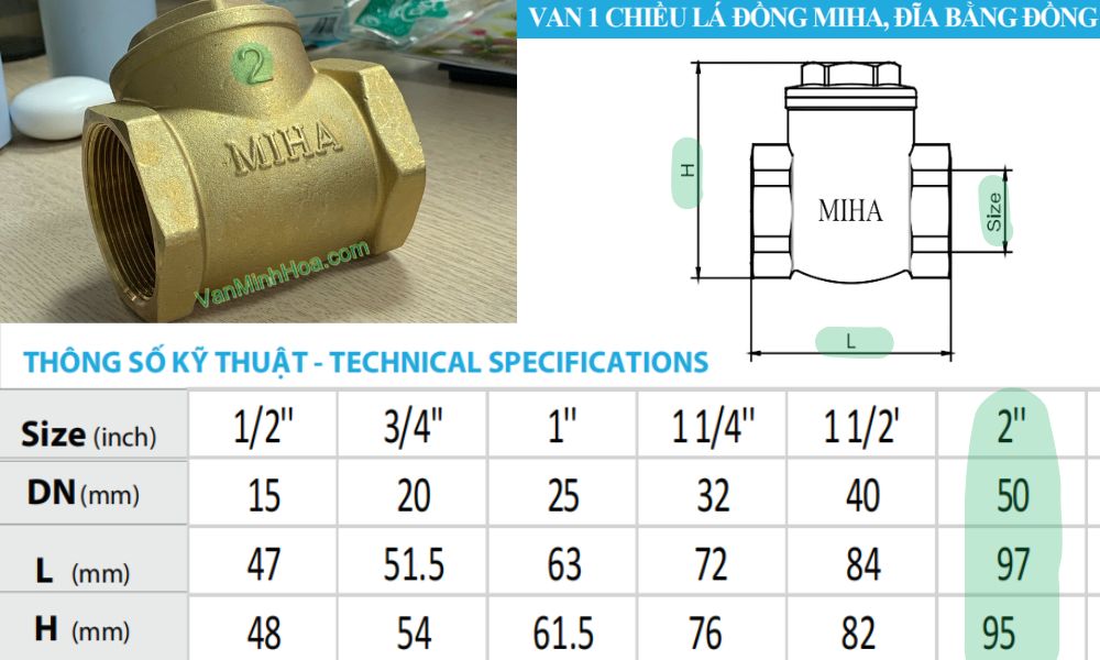 kích thước kỹ thuật của van 1 chiều lá miha dn50