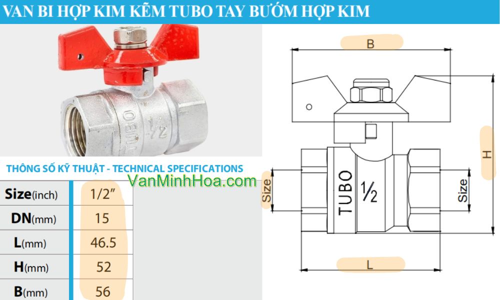 kích thước kỹ thuật của van bi tubo dn15