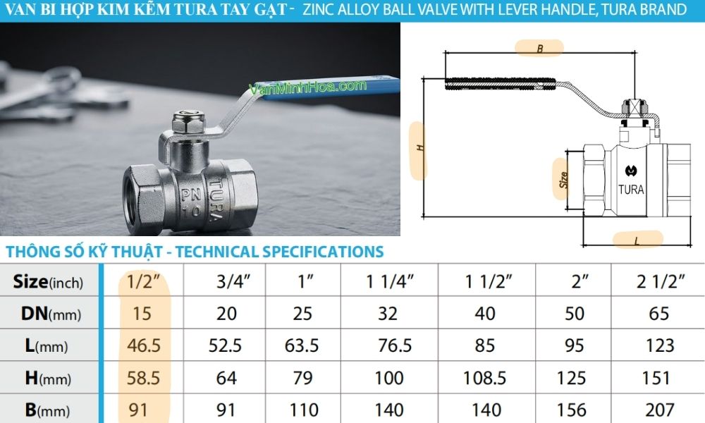 kích thước kỹ thuật của van bi tura dn15