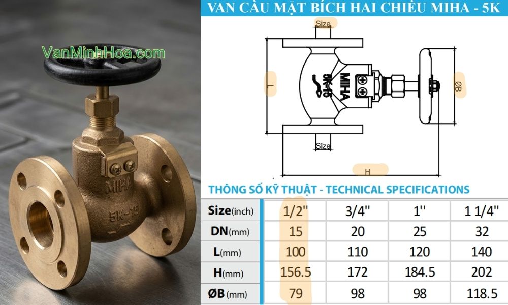 kích thước kỹ thuật của van cầu miha 5k 2 chiều dn15