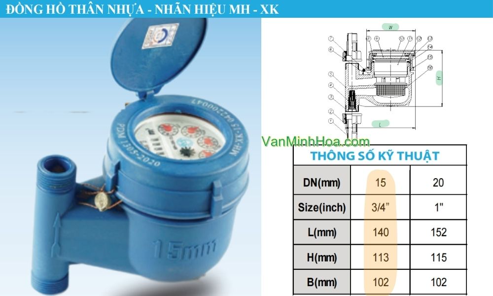 kích thước lắp đặt của đồng hồ nước mh xk dn15