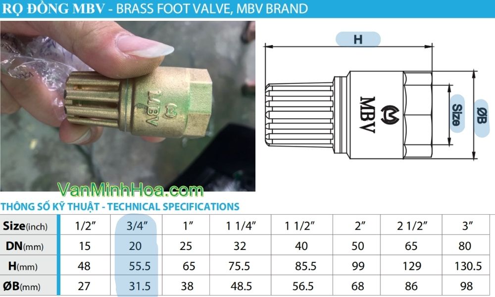 kích thước lắp đặt của rọ bơm mbv dn20