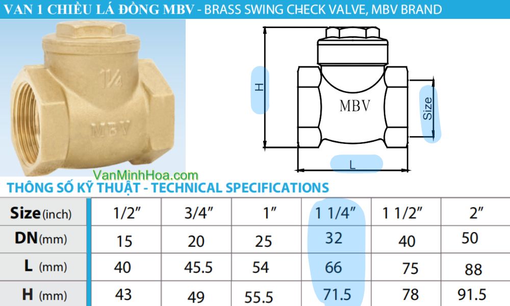 kích thước lắp đặt của van 1 chiều lá lật mbv dn32