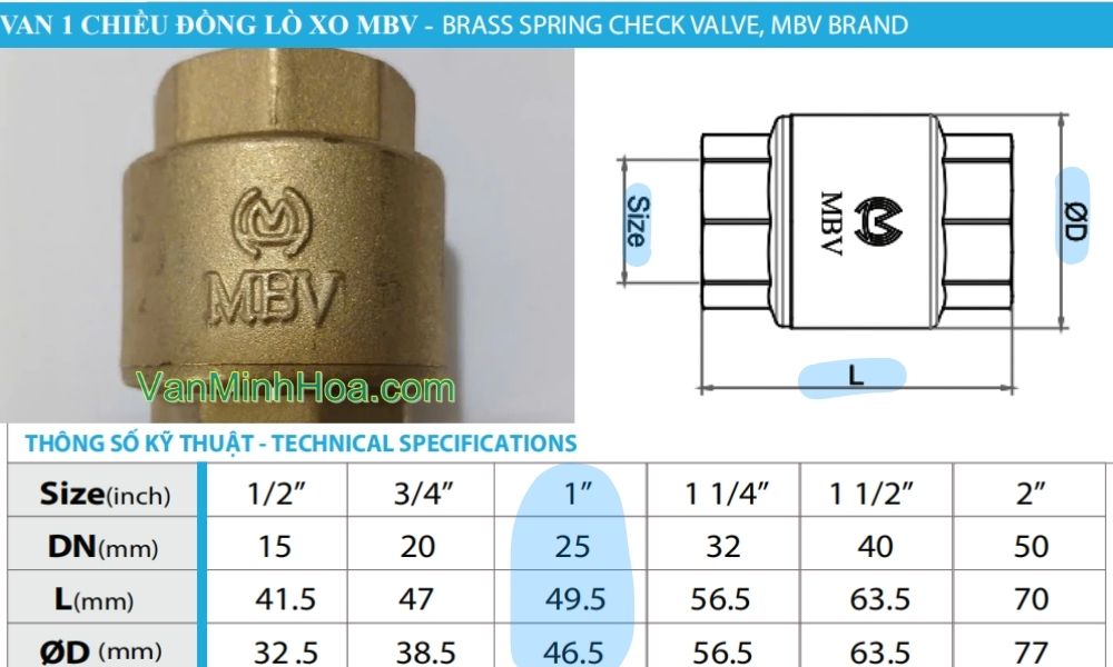 kích thước lắp đặt của van 1 chiều lò xo mbv dn25
