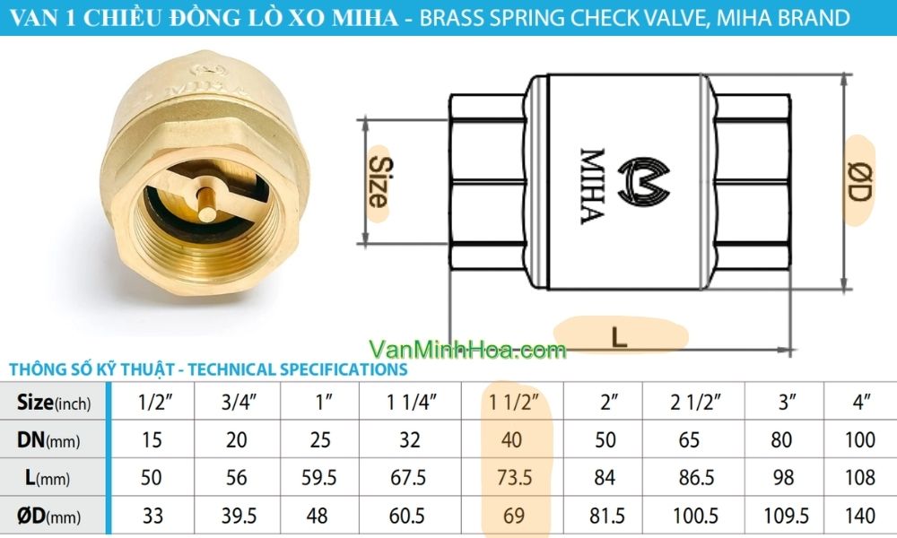 kích thước lắp đặt của van 1 chiều lò xo miha dn80