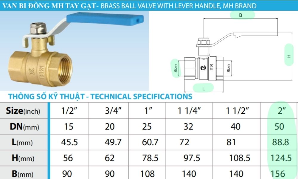 kích thước lắp đặt của van bi mh dn50