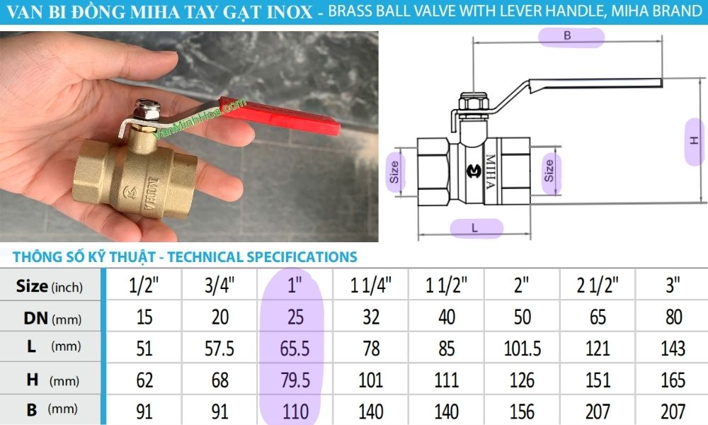 kích thước lắp đặt của van bi miha tay inox dn25