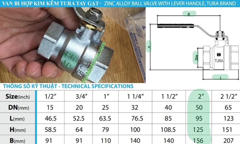 kích thước lắp đặt của van bi tura dn50