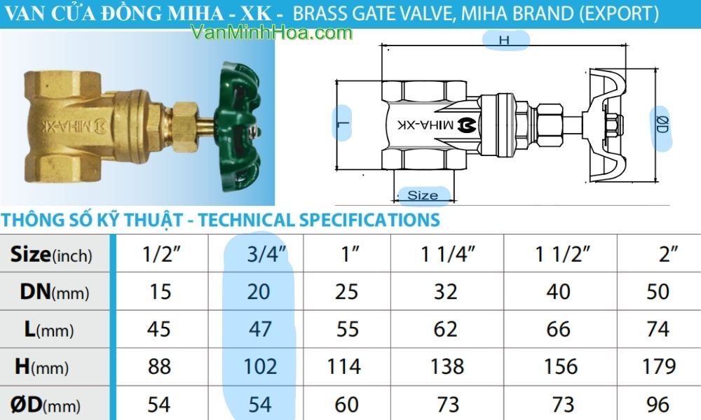 kích thước lắp đặt của van cửa miha xk dn20