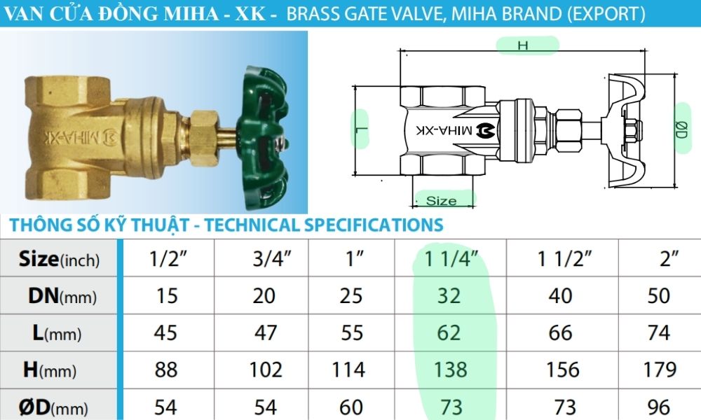 kích thước lắp đặt của van cửa miha xk dn32
