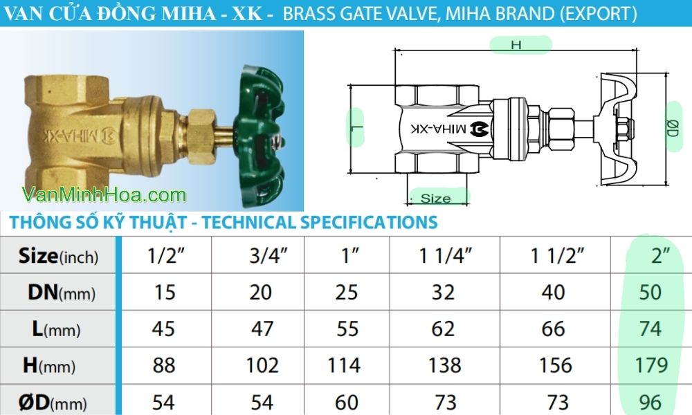 kích thước lắp đặt của van cửa miha xk dn50