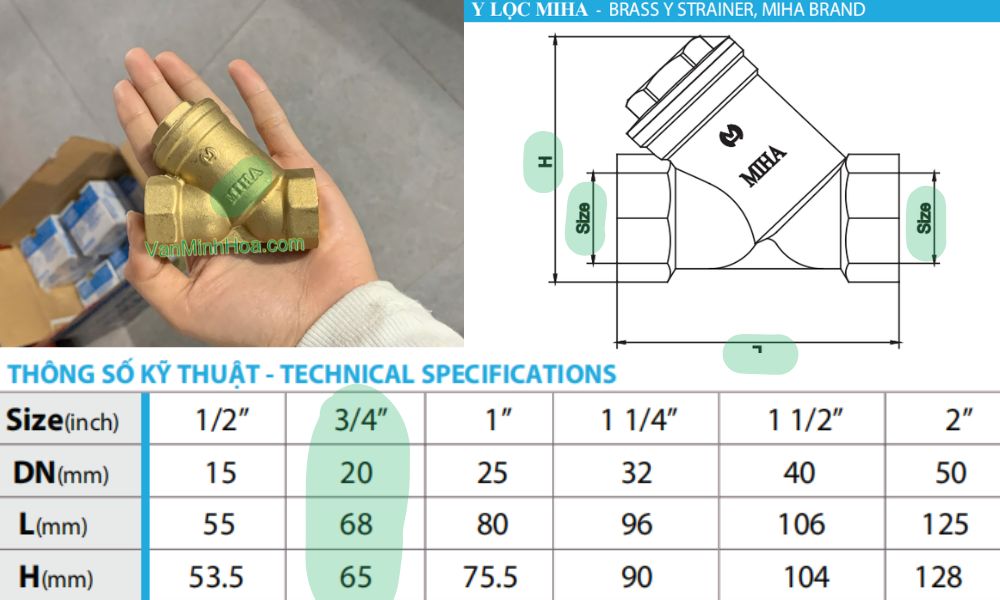 kích thước lắp đặt của y lọc miha dn20