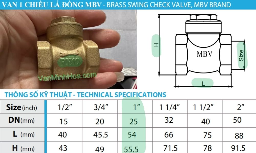 kích thước tiêu chuẩn của van 1 chiều lá mbv dn25