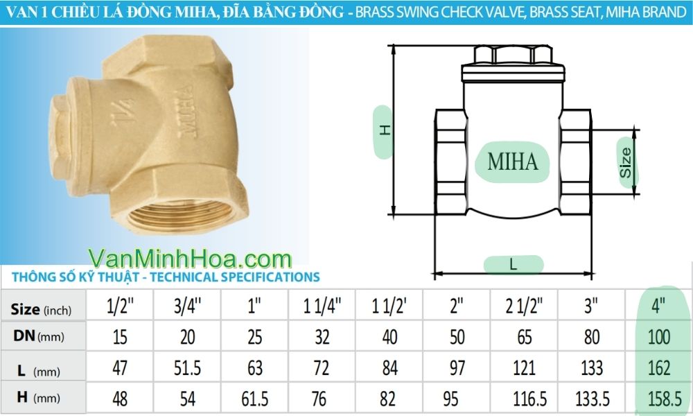 kích thước tiêu chuẩn của van 1 chiều lá miha dn100