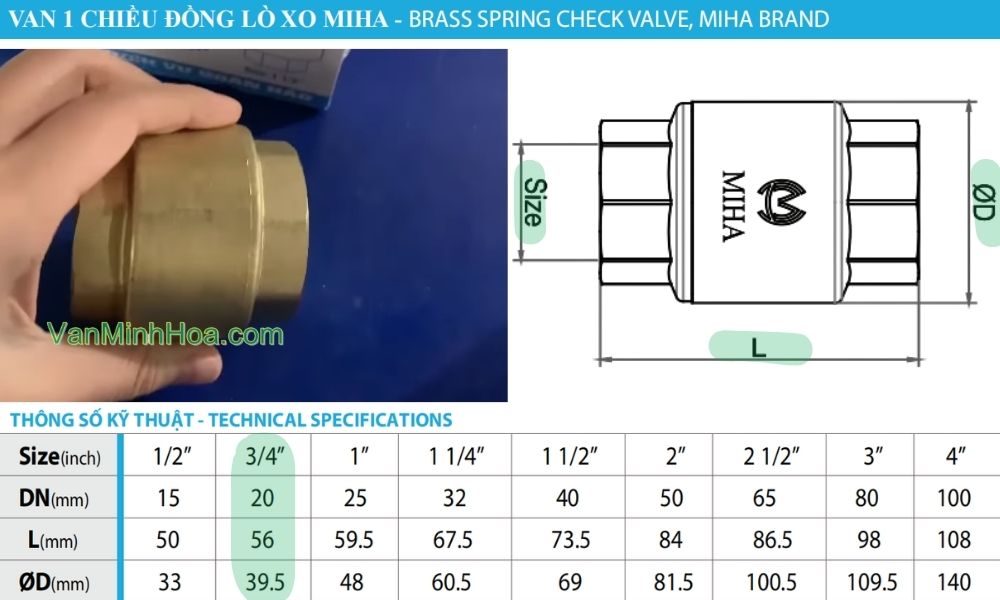 kích thước tiêu chuẩn của van 1 chiều lò xo miha dn20